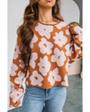 Brown Floral Pattern Crew Neck Long Sleeve Loose Sweater - L