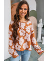 Brown Floral Pattern Crew Neck Long Sleeve Loose Sweater - M