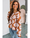 Brown Floral Pattern Crew Neck Long Sleeve Loose Sweater - M