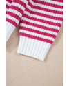 Pink Stripe Zip up Collar Drop Shoulder Sweater - L