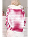 Pink Stripe Zip up Collar Drop Shoulder Sweater - XL
