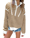 Khaki Stripe Zip up Collar Drop Shoulder Sweater - M