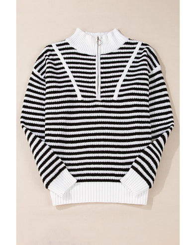 Black Stripe Zip up Collar Drop Shoulder Sweater - L