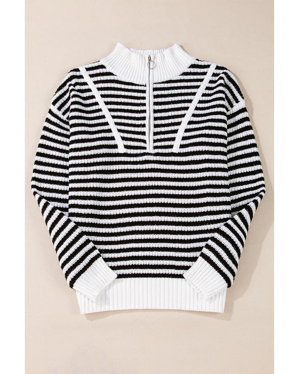 Black Stripe Zip up Collar Drop Shoulder Sweater - S
