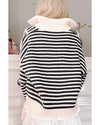 Black Stripe Zip up Collar Drop Shoulder Sweater - XL