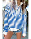 Sky Blue Stripe Zip up Collar Drop Shoulder Sweater - XL