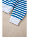 Sky Blue Stripe Zip up Collar Drop Shoulder Sweater - XL