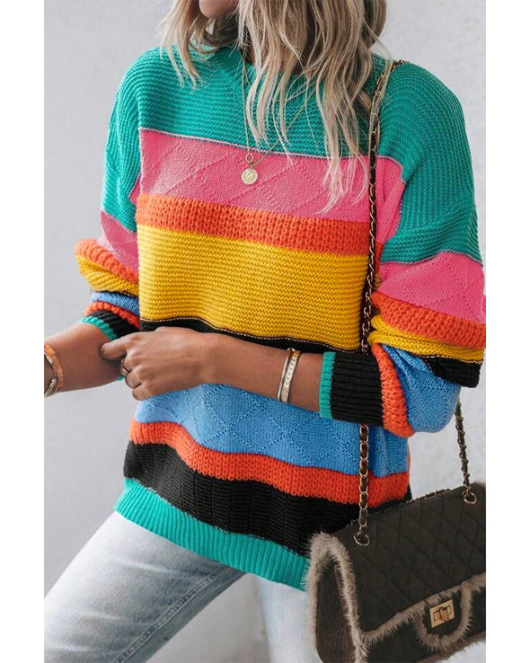 Yellow Colorblock Mixed Textured Drop Shoulder Sweater - M