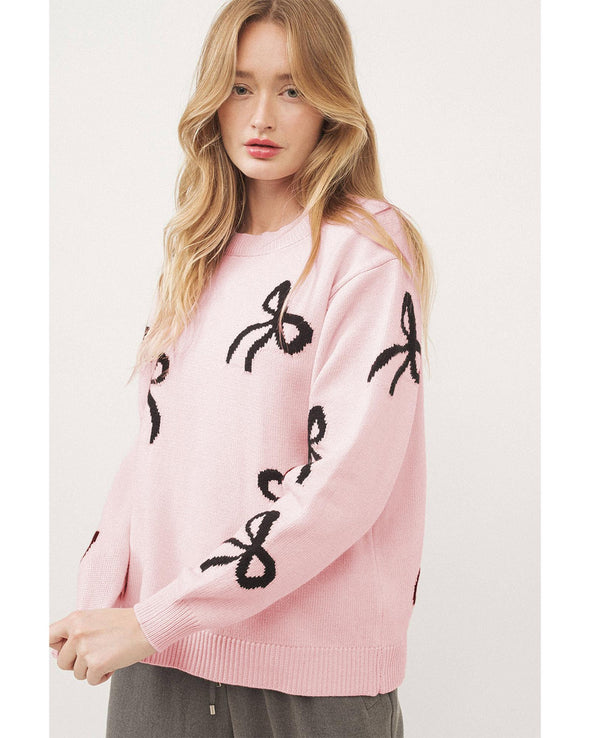 Light Pink Bow Pattern Knitted Loose Fit Sweater - XL