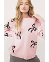 Light Pink Bow Pattern Knitted Loose Fit Sweater - XL