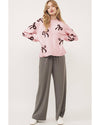 Light Pink Bow Pattern Knitted Loose Fit Sweater - XL