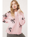 Light Pink Bow Pattern Knitted Loose Fit Sweater - XL