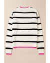 White Stripe Color Contrast Drop Shoulder Crew Neck Sweater - L