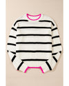 White Stripe Color Contrast Drop Shoulder Crew Neck Sweater - L