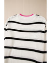 White Stripe Color Contrast Drop Shoulder Crew Neck Sweater - L