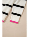 White Stripe Color Contrast Drop Shoulder Crew Neck Sweater - L