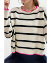 White Stripe Color Contrast Drop Shoulder Crew Neck Sweater - L