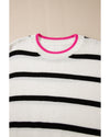 White Stripe Color Contrast Drop Shoulder Crew Neck Sweater - L