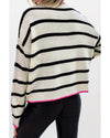 White Stripe Color Contrast Drop Shoulder Crew Neck Sweater - L