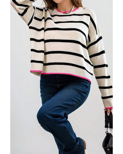 White Stripe Color Contrast Drop Shoulder Crew Neck Sweater - M