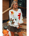 White Big Flower Pattern V Neck Drop Shoulder Sweater - S