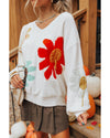 White Big Flower Pattern V Neck Drop Shoulder Sweater - XL