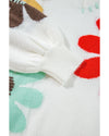 White Big Flower Pattern V Neck Drop Shoulder Sweater - XL