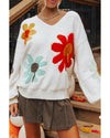 White Big Flower Pattern V Neck Drop Shoulder Sweater - XL