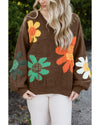 Coffee Big Flower Pattern V Neck Drop Shoulder Sweater - L