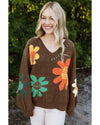 Coffee Big Flower Pattern V Neck Drop Shoulder Sweater - S