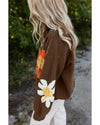 Coffee Big Flower Pattern V Neck Drop Shoulder Sweater - XL