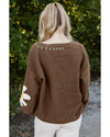 Coffee Big Flower Pattern V Neck Drop Shoulder Sweater - XL