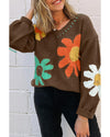 Coffee Big Flower Pattern V Neck Drop Shoulder Sweater - XL