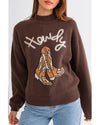 Coffee Western Howdy Boot Graphic High Neck Sweater - M