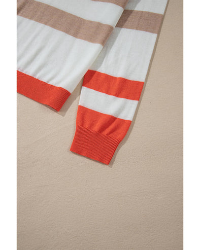 Apricot Colorblock Striped Round Neck Drop Shoulder Sweater - XL