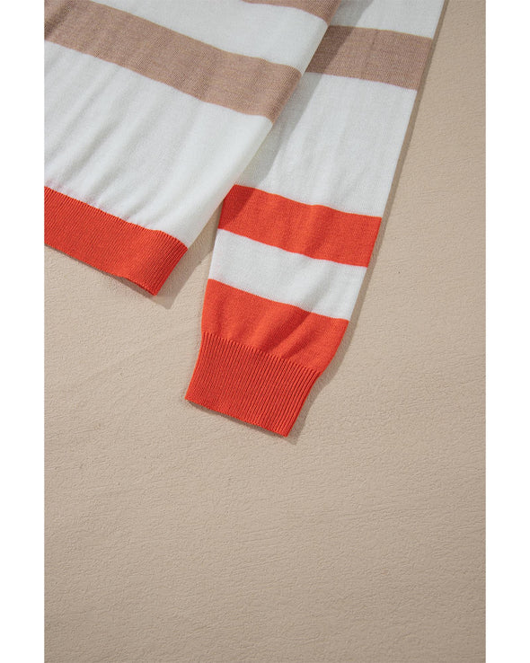 Apricot Colorblock Striped Round Neck Drop Shoulder Sweater - XL
