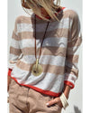 Apricot Colorblock Striped Round Neck Drop Shoulder Sweater - XL
