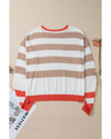Apricot Colorblock Striped Round Neck Drop Shoulder Sweater - XL