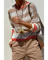 Apricot Colorblock Striped Round Neck Drop Shoulder Sweater - XL