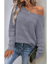Light Grey Boat Neck Drop Shoulder Pointelle Knit Sweater - L