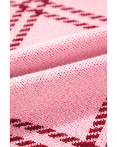 Pink Plaid Pattern Knitted Drop Shoulder Sweater - XL