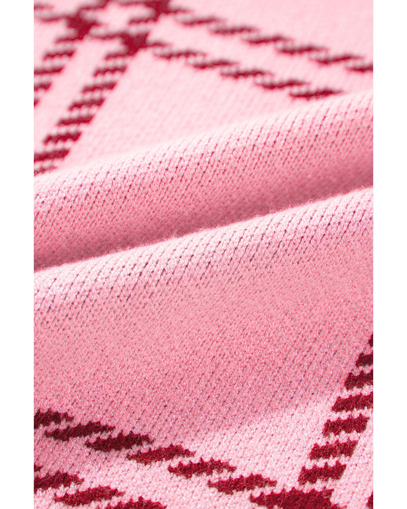 Pink Plaid Pattern Knitted Drop Shoulder Sweater - XL