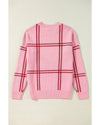 Pink Plaid Pattern Knitted Drop Shoulder Sweater - XL