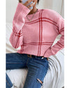 Pink Plaid Pattern Knitted Drop Shoulder Sweater - XL