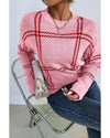 Pink Plaid Pattern Knitted Drop Shoulder Sweater - XL