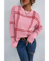 Pink Plaid Pattern Knitted Drop Shoulder Sweater - XL