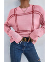 Pink Plaid Pattern Knitted Drop Shoulder Sweater - XL
