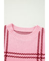 Pink Plaid Pattern Knitted Drop Shoulder Sweater - XL