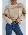 Khaki Plaid Pattern Knitted Drop Shoulder Sweater - L