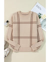 Khaki Plaid Pattern Knitted Drop Shoulder Sweater - M